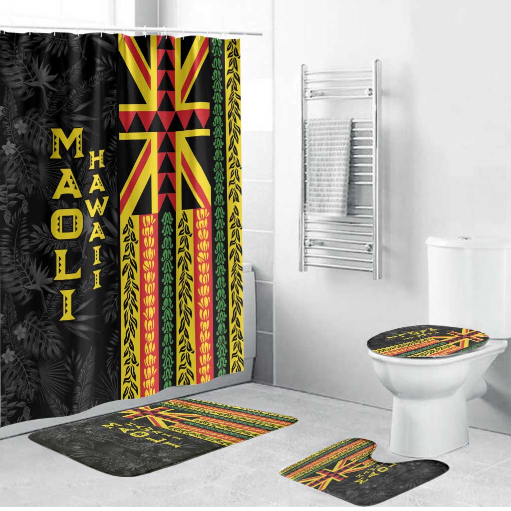 Hawaii Maoli Spirit Bathroom Set Kakau Pattern With Flower Lei LT05 Bathroom Set (4 pcs) Black - Polynesian Pride