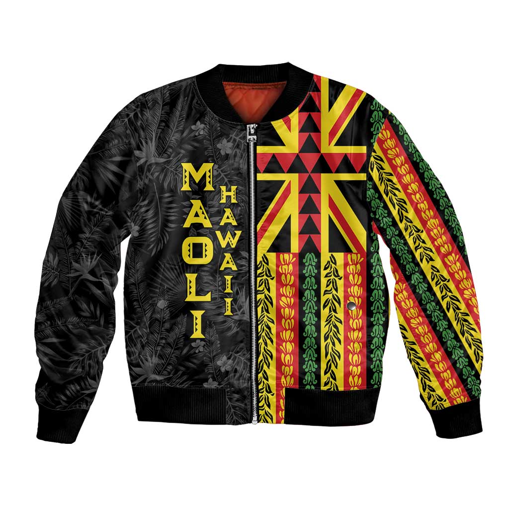 Hawaii Maoli Spirit Bomber Jacket Kakau Pattern With Flower Lei LT05 Unisex Black - Polynesian Pride