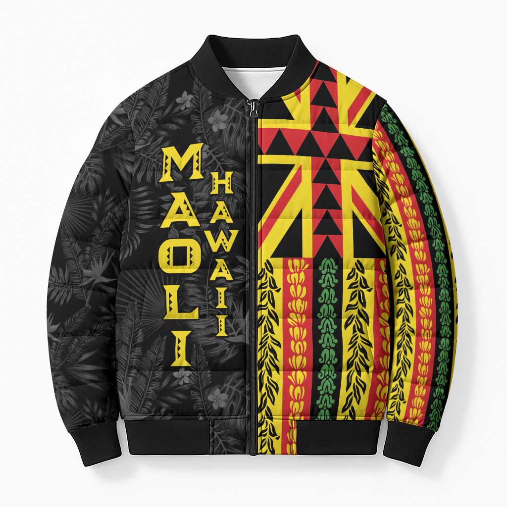 Hawaii Maoli Spirit Bomber Puffer Jacket Kakau Pattern With Flower Lei LT05 Unisex Black - Polynesian Pride