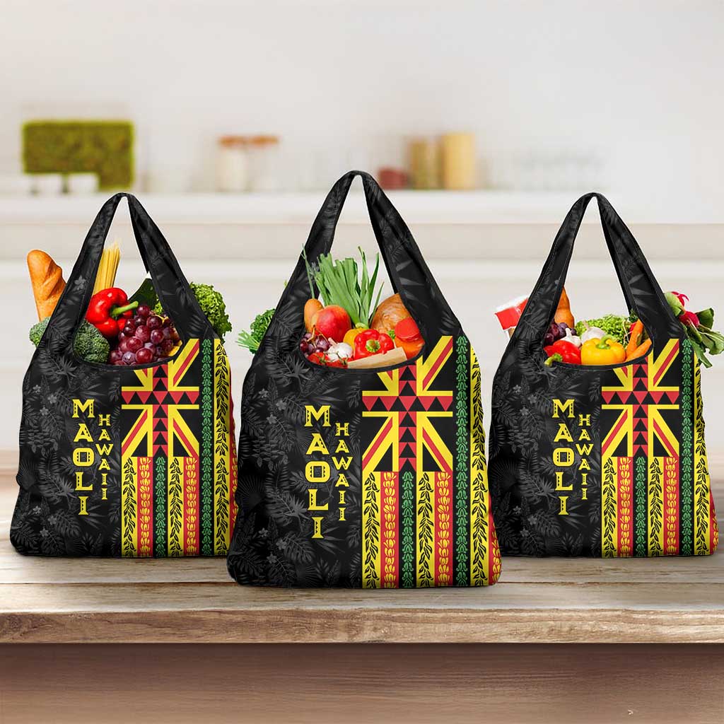 Hawaii Maoli Spirit Grocery Bag Kakau Pattern With Flower Lei LT05 3-pack One Size Black - Polynesian Pride