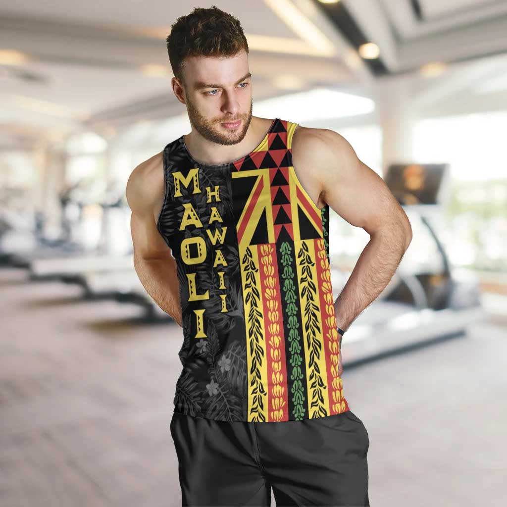 Hawaii Maoli Spirit Men Tank Top Kakau Pattern With Flower Lei LT05 Black - Polynesian Pride