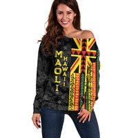 Hawaii Maoli Spirit Off Shoulder Sweater Kakau Pattern With Flower Lei LT05 Women Black - Polynesian Pride