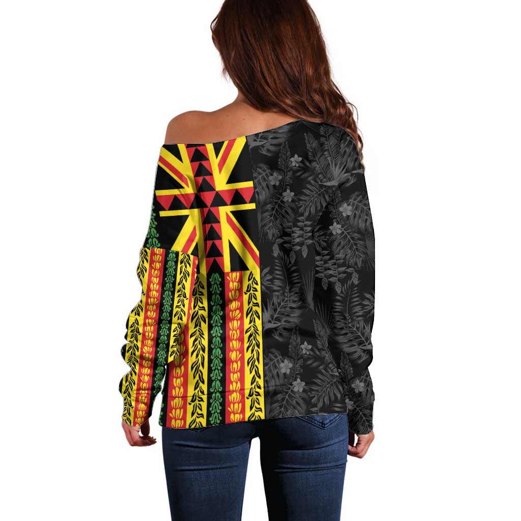 Hawaii Maoli Spirit Off Shoulder Sweater Kakau Pattern With Flower Lei LT05 - Polynesian Pride