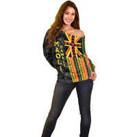 Hawaii Maoli Spirit Off Shoulder Sweater Kakau Pattern With Flower Lei LT05 - Polynesian Pride