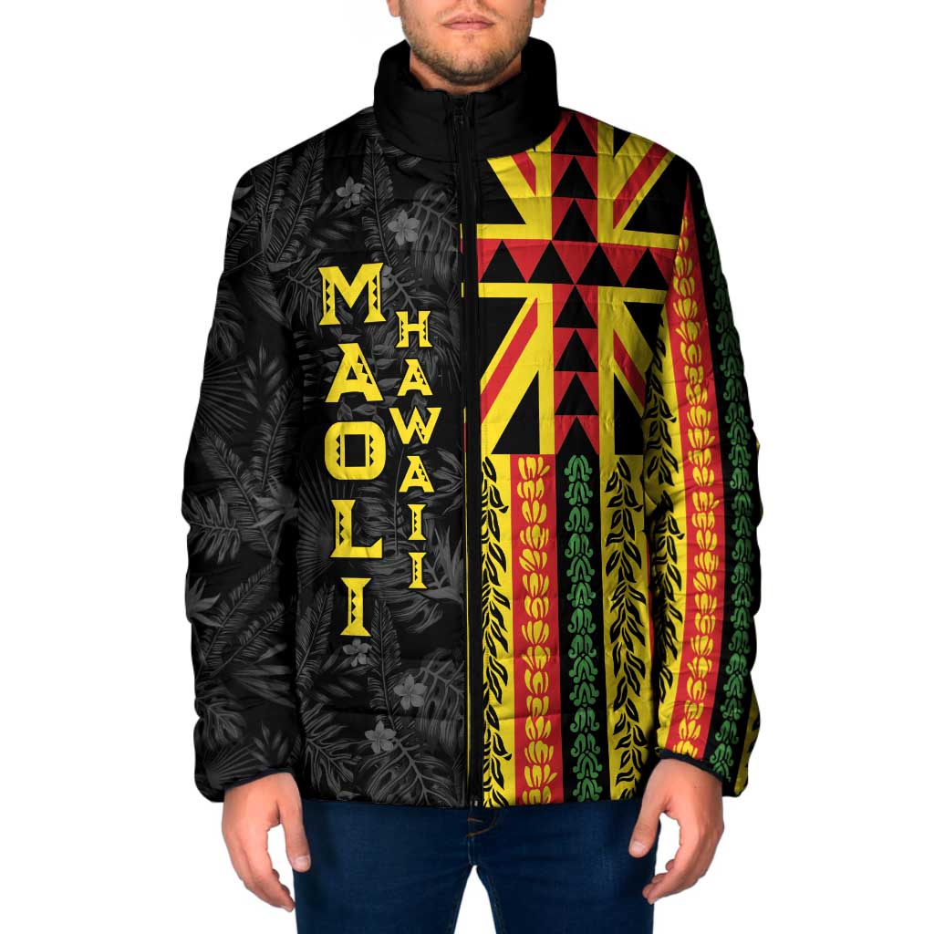 Hawaii Maoli Spirit Padded Jacket Kakau Pattern With Flower Lei LT05 Men Black - Polynesian Pride