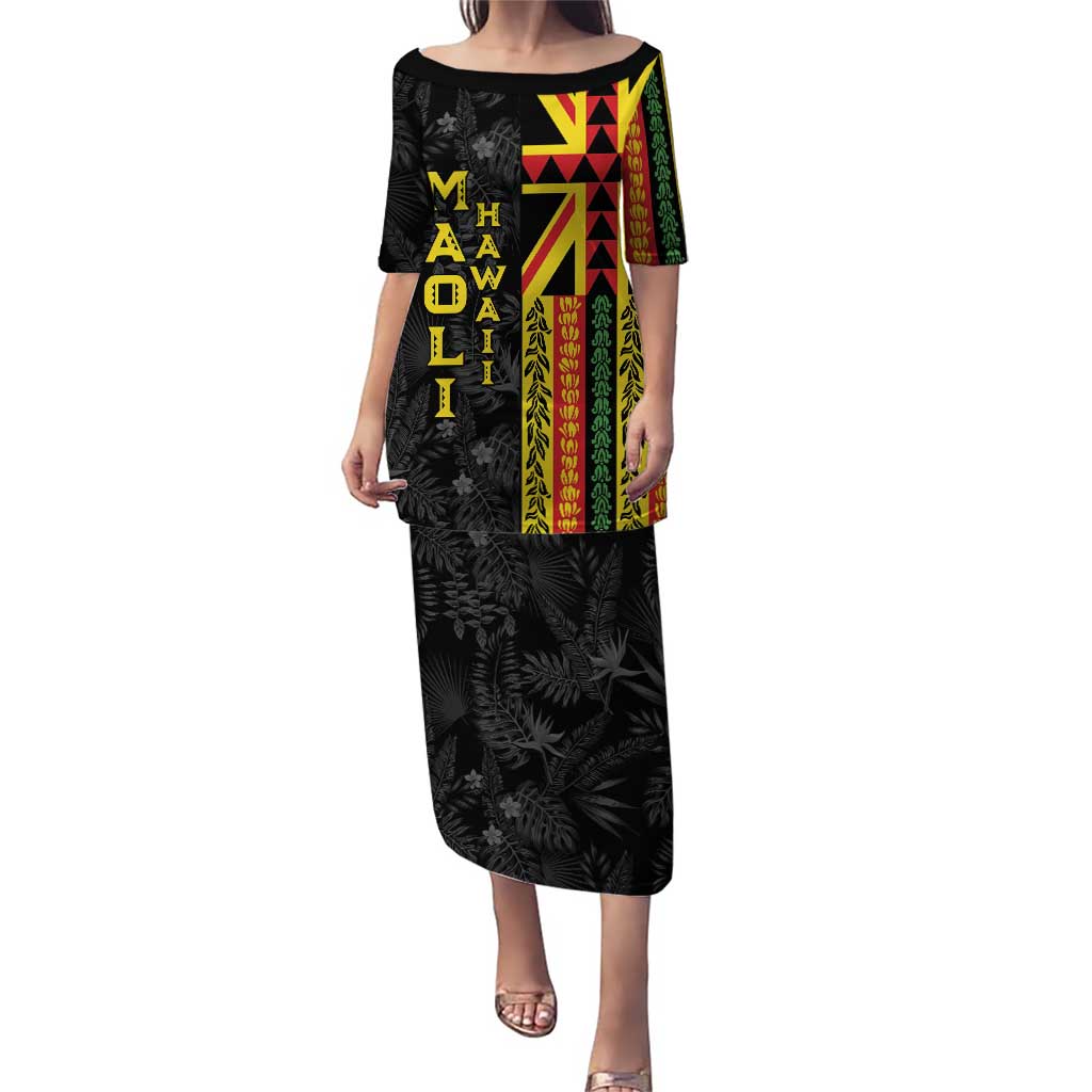 Hawaii Maoli Spirit Puletasi Kakau Pattern With Flower Lei LT05 Long Dress Black - Polynesian Pride
