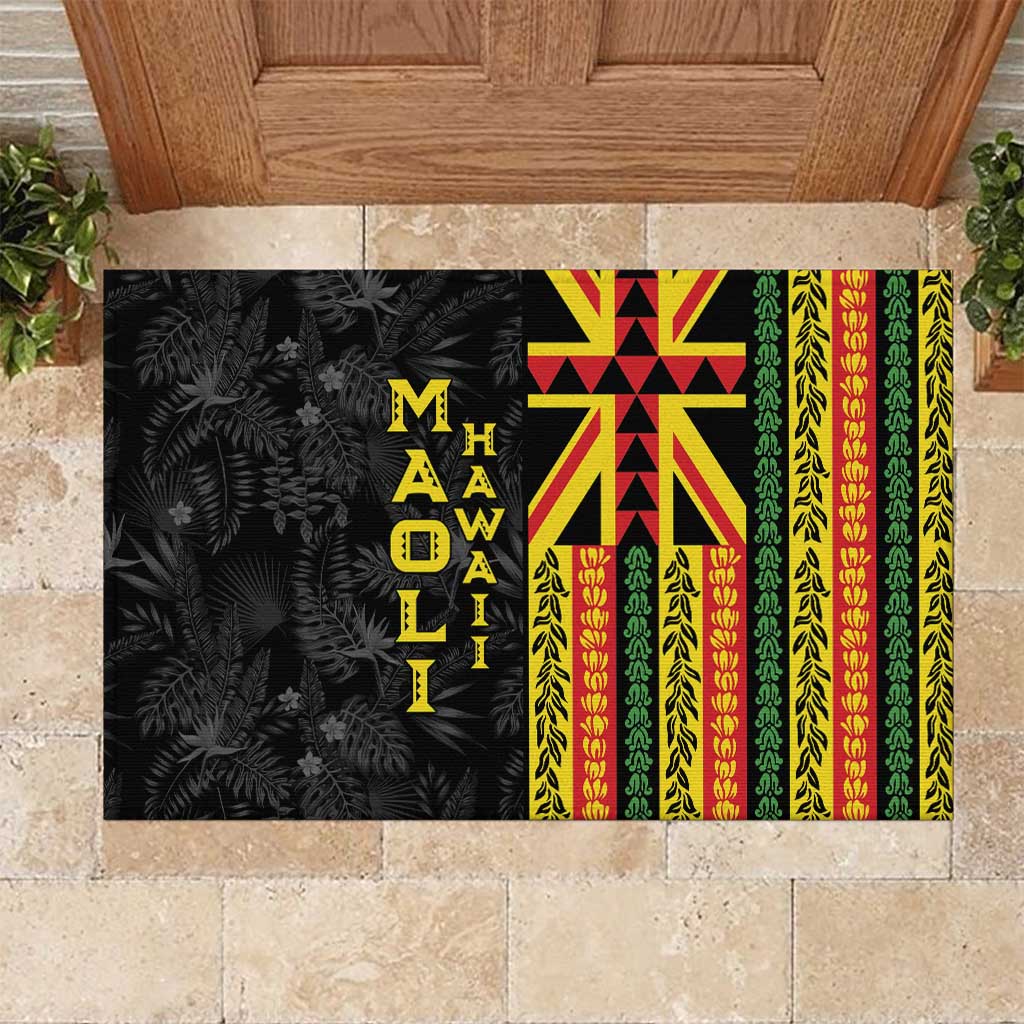 Hawaii Maoli Spirit Rubber Doormat Kakau Pattern With Flower Lei LT05 Black - Polynesian Pride
