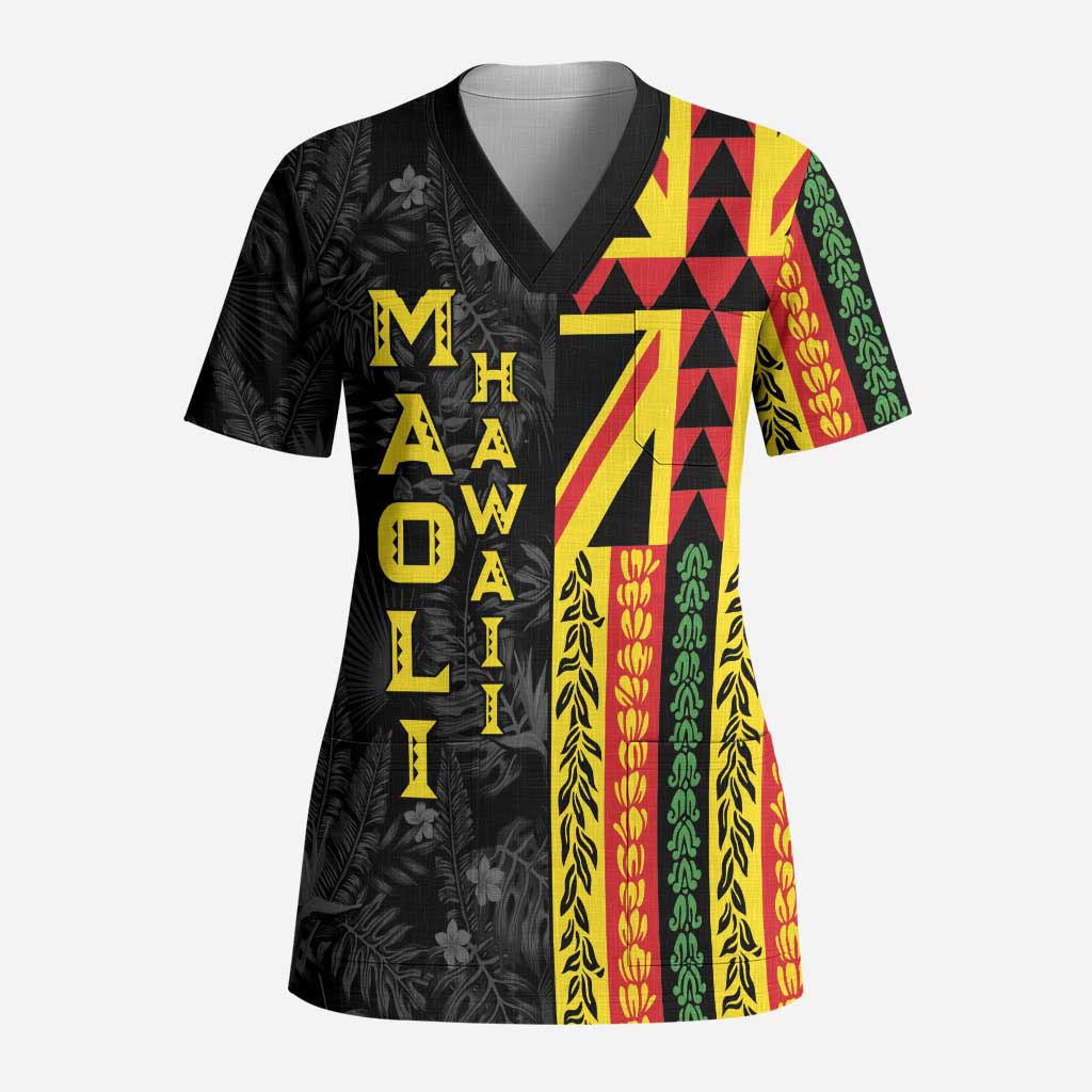 Hawaii Maoli Spirit Scrub Top Kakau Pattern With Flower Lei LT05 Adult Black - Polynesian Pride