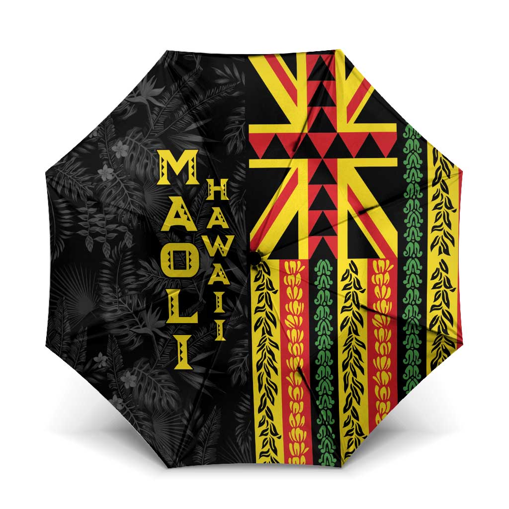 Hawaii Maoli Spirit Umbrella Kakau Pattern With Flower Lei LT05 One Size Folded 11.42 inch Opened Diameter 37.4 inch Black - Polynesian Pride