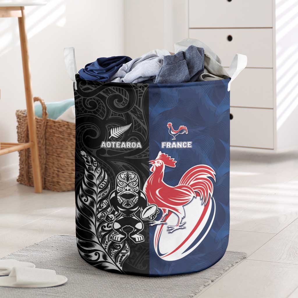 France And New Zealand Rugby Laundry Basket Les Bleus Rooster With Maori Tiki LT05 Black - Polynesian Pride