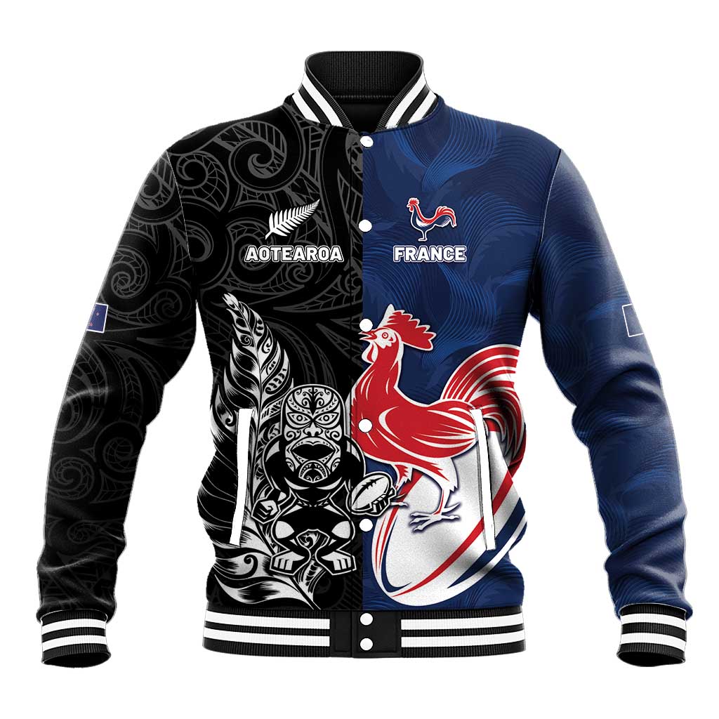 France And New Zealand Rugby Custom Baseball Jacket Les Bleus Rooster With Maori Tiki LT05 Unisex Black - Polynesian Pride