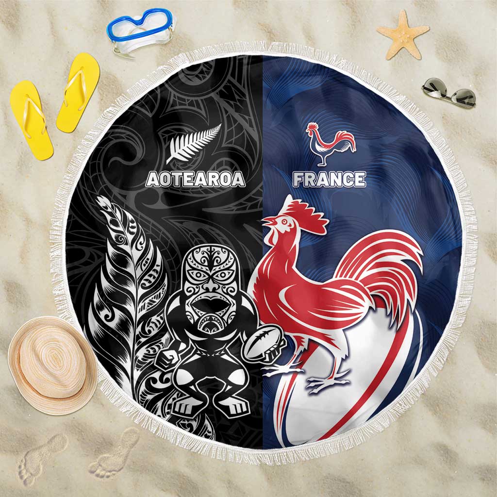 France And New Zealand Rugby Beach Blanket Les Bleus Rooster With Maori Tiki LT05 One Size 150cm Black - Polynesian Pride
