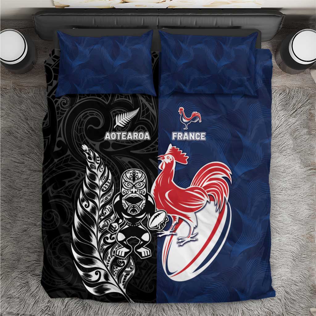 France And New Zealand Rugby Bedding Set Les Bleus Rooster With Maori Tiki LT05 Black - Polynesian Pride