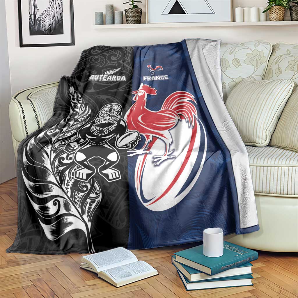 France And New Zealand Rugby Blanket Les Bleus Rooster With Maori Tiki LT05 Black - Polynesian Pride
