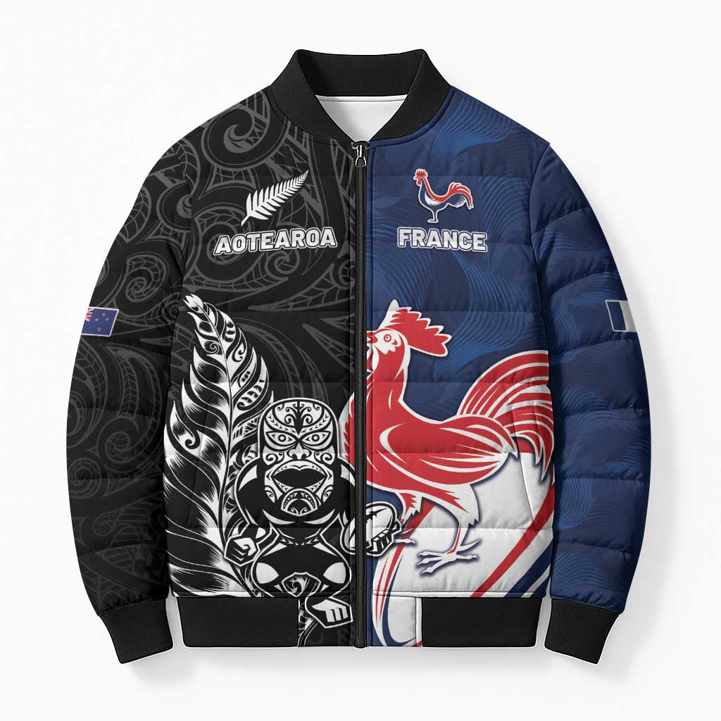 France And New Zealand Rugby Custom Bomber Puffer Jacket Les Bleus Rooster With Maori Tiki LT05 Unisex Black - Polynesian Pride