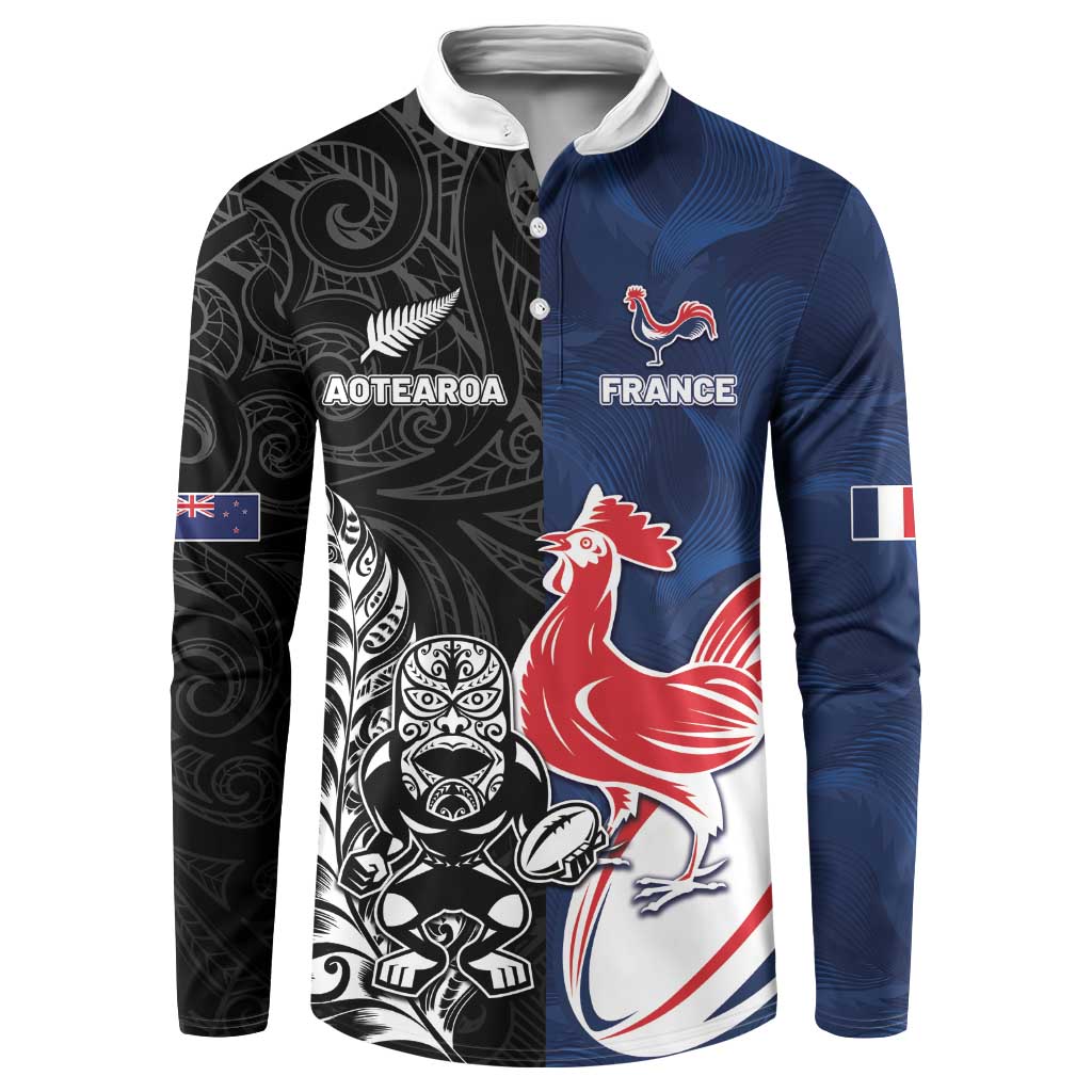 France And New Zealand Rugby Custom Button Sweatshirt Les Bleus Rooster With Maori Tiki LT05 Black - Polynesian Pride