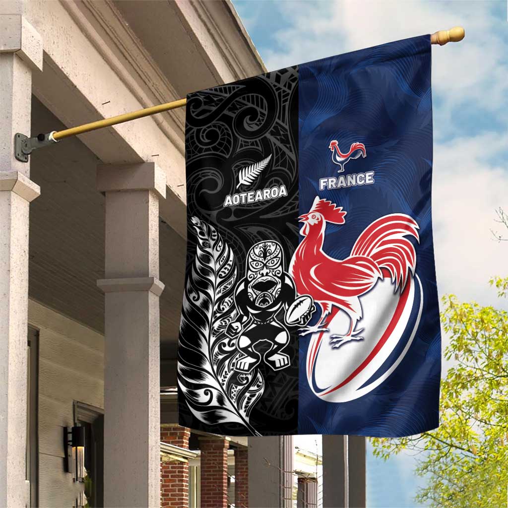 France And New Zealand Rugby Garden Flag Les Bleus Rooster With Maori Tiki LT05 House Flag Black - Polynesian Pride