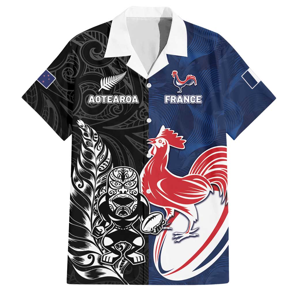 France And New Zealand Rugby Custom Hawaiian Shirt Les Bleus Rooster With Maori Tiki LT05 Black - Polynesian Pride