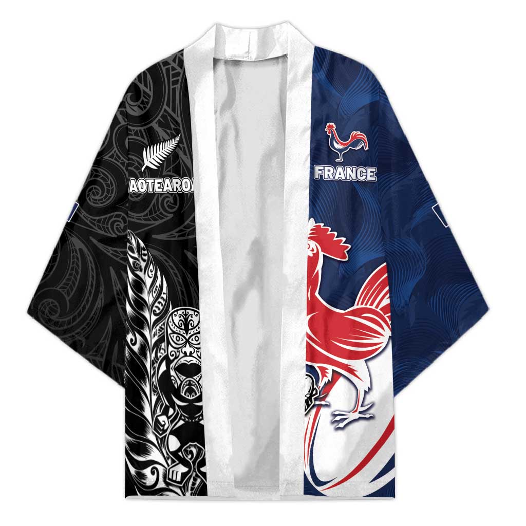 France And New Zealand Rugby Custom Kimono Les Bleus Rooster With Maori Tiki LT05 Unisex Black - Polynesian Pride