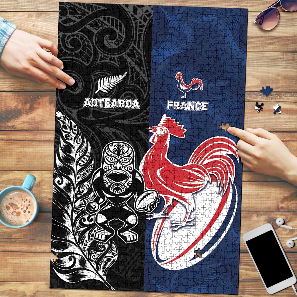 France And New Zealand Rugby Puzzle Les Bleus Rooster With Maori Tiki LT05 Black - Polynesian Pride