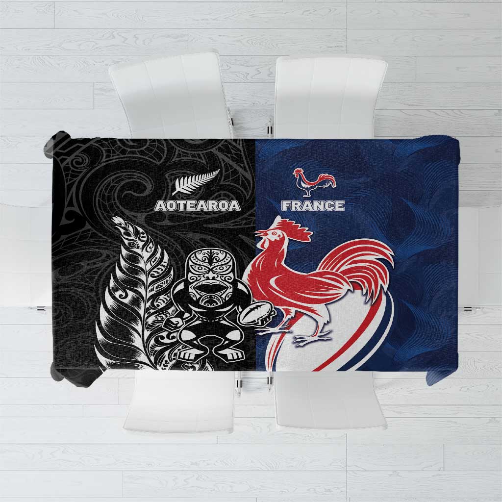 France And New Zealand Rugby Tablecloth Les Bleus Rooster With Maori Tiki LT05 Black - Polynesian Pride