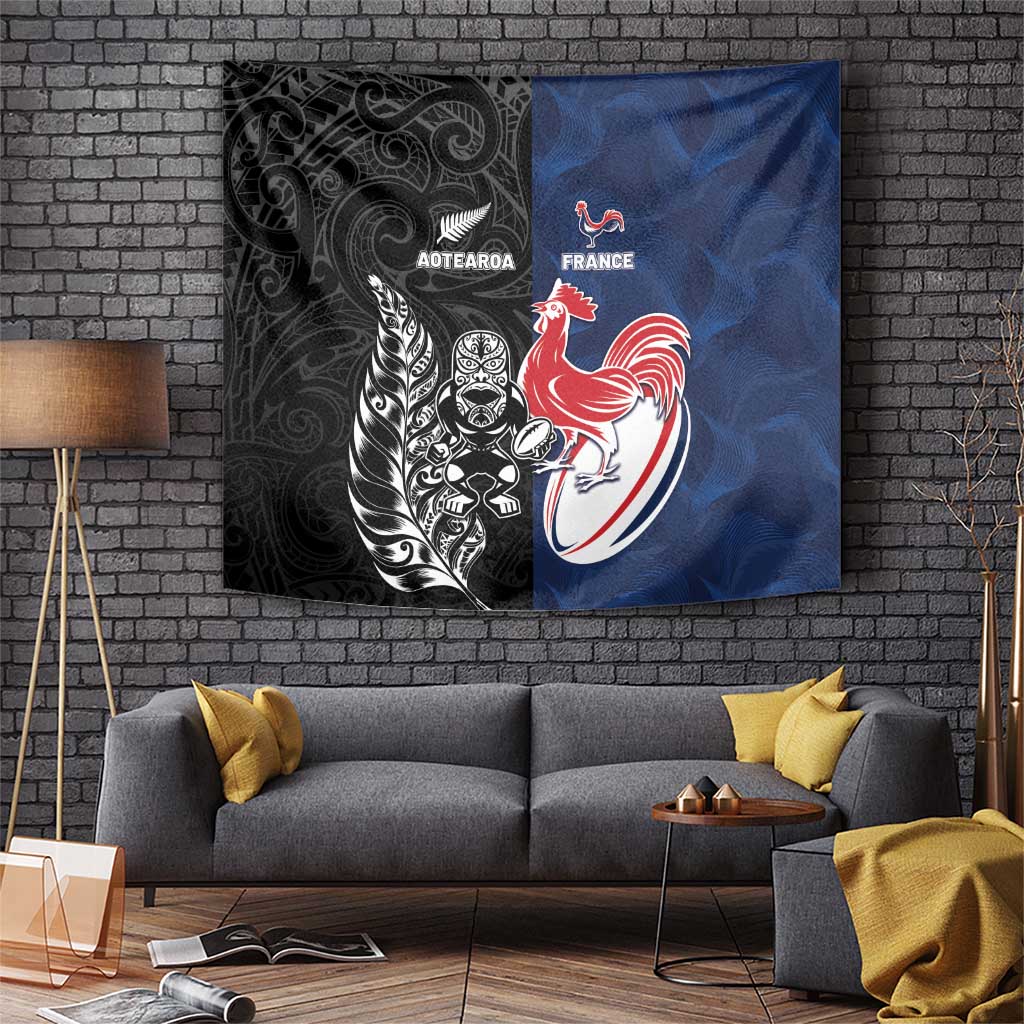 France And New Zealand Rugby Tapestry Les Bleus Rooster With Maori Tiki LT05 Black - Polynesian Pride