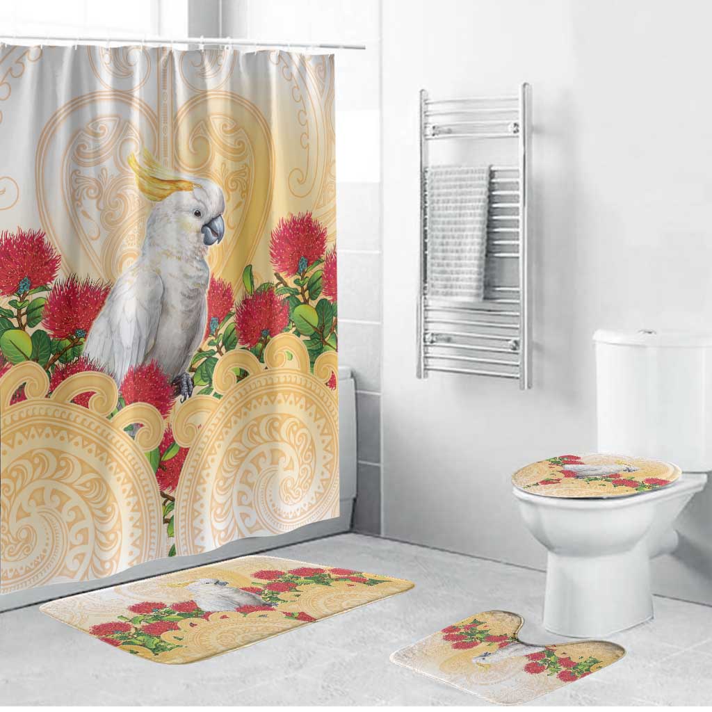 New Zealand Aotearoa Cockatoo Bathroom Set Maori Pattern With Pohutukawa Flowers LT05 Bathroom Set (4 pcs) Beige - Polynesian Pride
