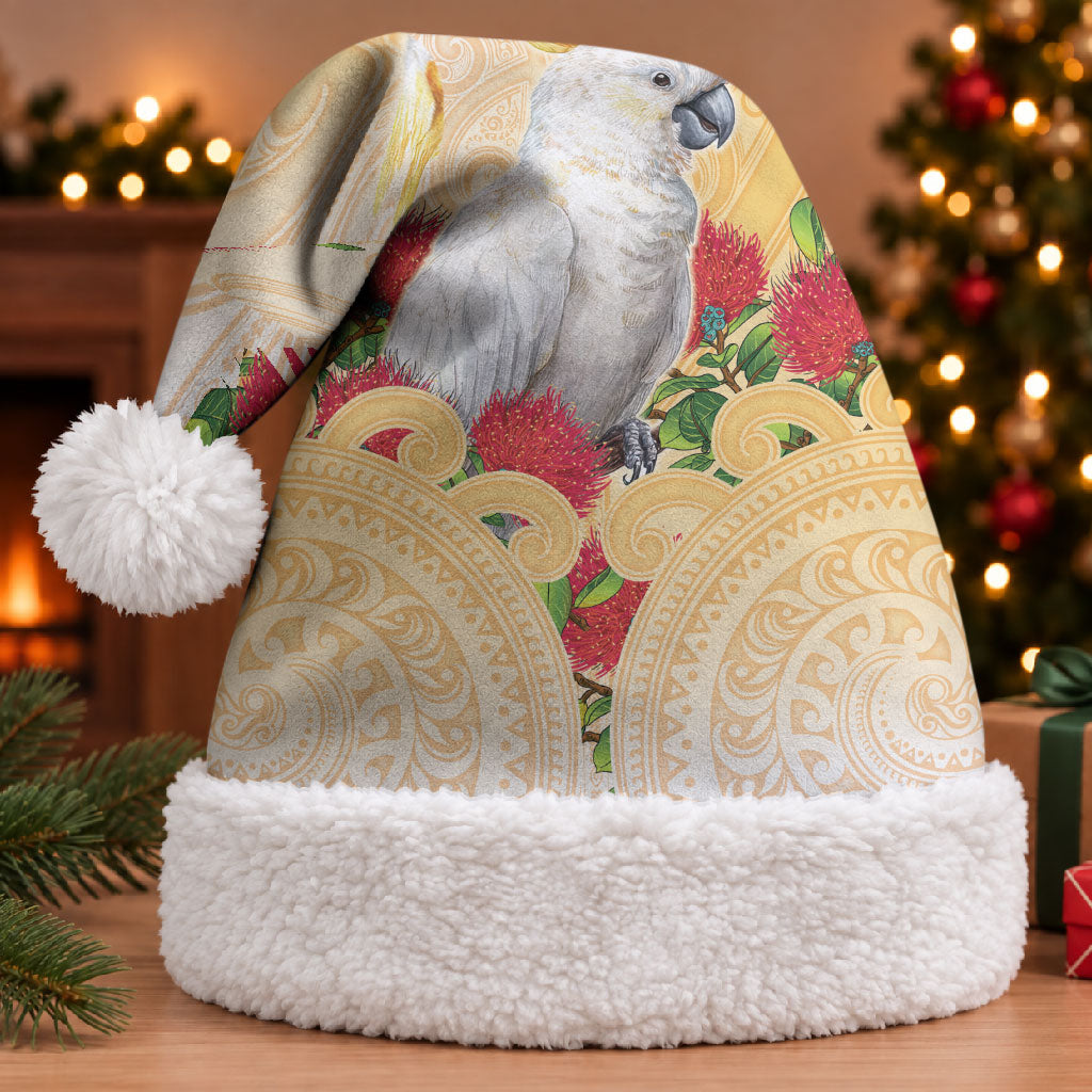 New Zealand Aotearoa Cockatoo Christmas Santa Hat Maori Pattern With Pohutukawa Flowers LT05 With Fur Beige - Polynesian Pride