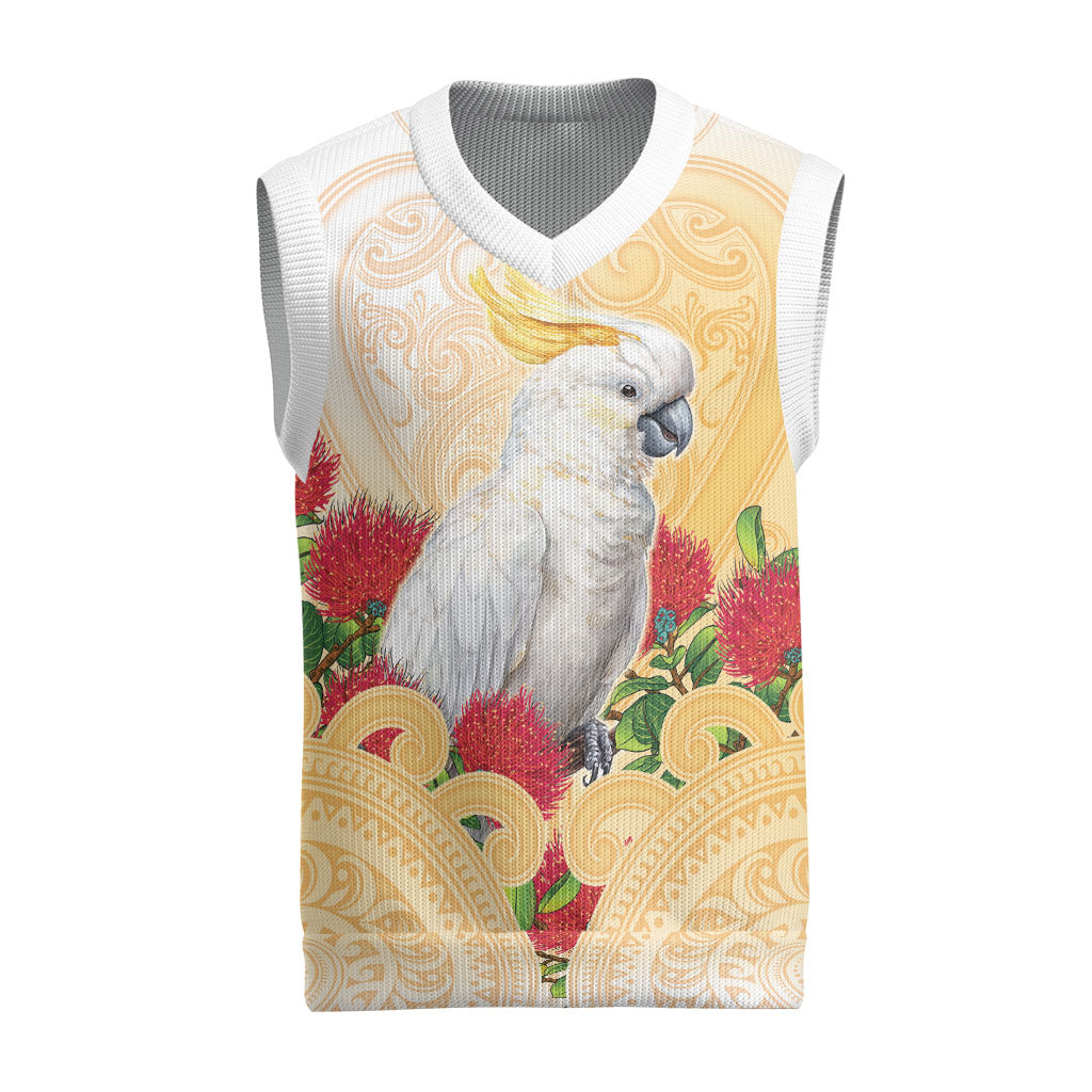 New Zealand Aotearoa Cockatoo Christmas Knitted V-Neck Vest Maori Pattern With Pohutukawa Flowers LT05 Beige - Polynesian Pride
