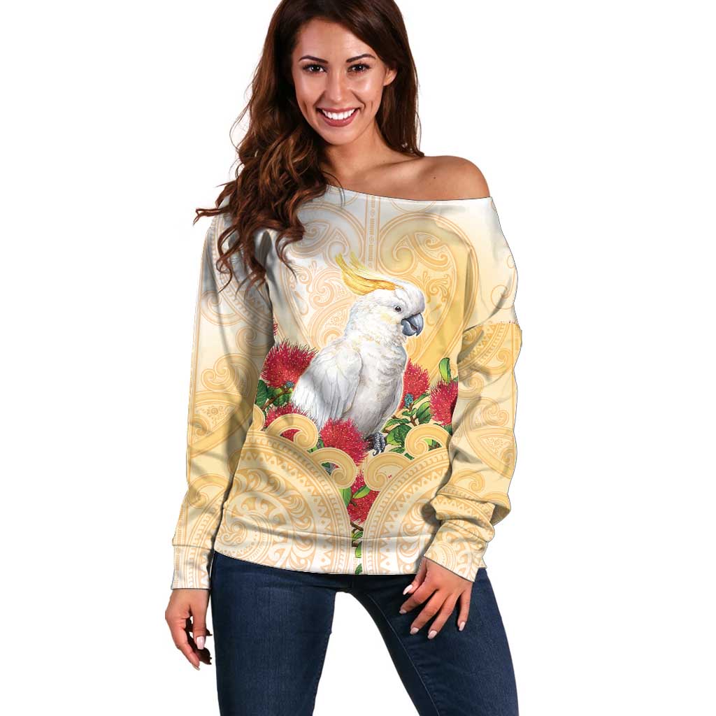 New Zealand Aotearoa Cockatoo Off Shoulder Sweater Maori Pattern With Pohutukawa Flowers LT05 Women Beige - Polynesian Pride