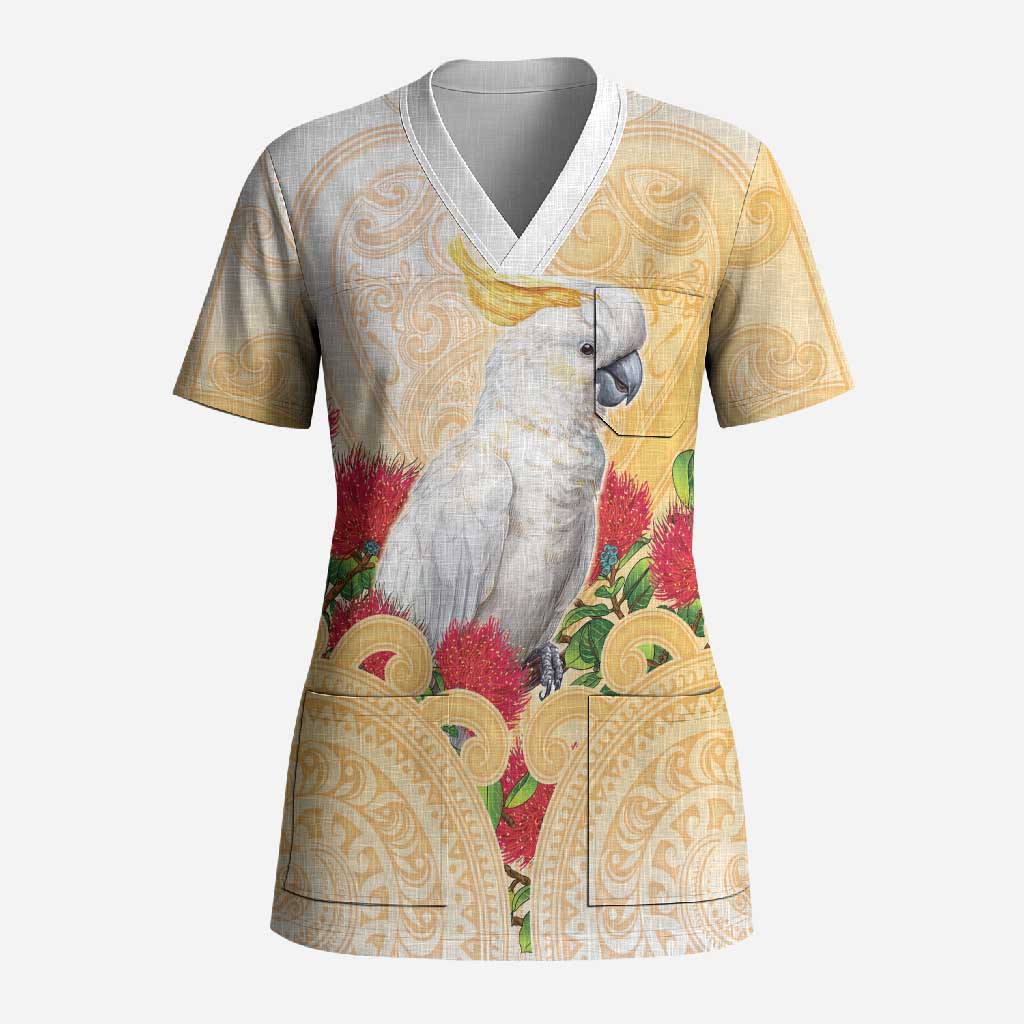 New Zealand Aotearoa Cockatoo Scrub Top Maori Pattern With Pohutukawa Flowers LT05 Adult Beige - Polynesian Pride