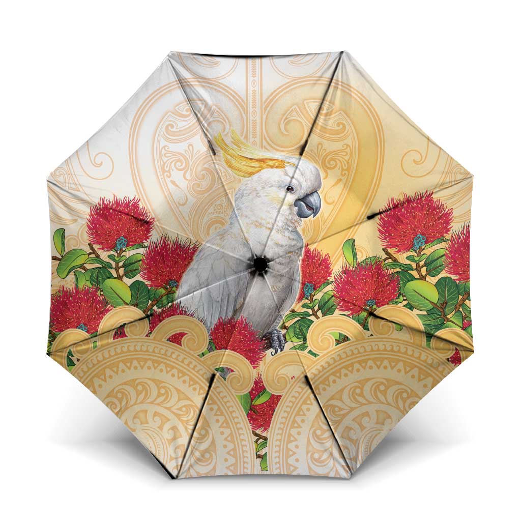 New Zealand Aotearoa Cockatoo Umbrella Maori Pattern With Pohutukawa Flowers LT05 One Size Folded 11.42 inch Opened Diameter 37.4 inch Beige - Polynesian Pride