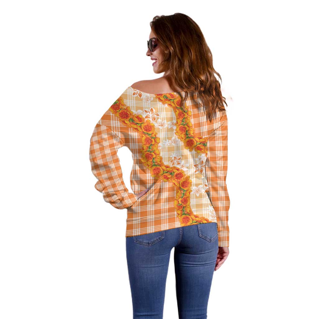 Orange Hawaii Palaka Off Shoulder Sweater Hawaiian Ilima Lei LT05 - Polynesian Pride