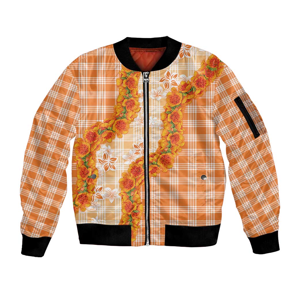 Orange Hawaii Palaka Sleeve Zip Bomber Jacket Hawaiian Ilima Lei LT05 Unisex Orange - Polynesian Pride