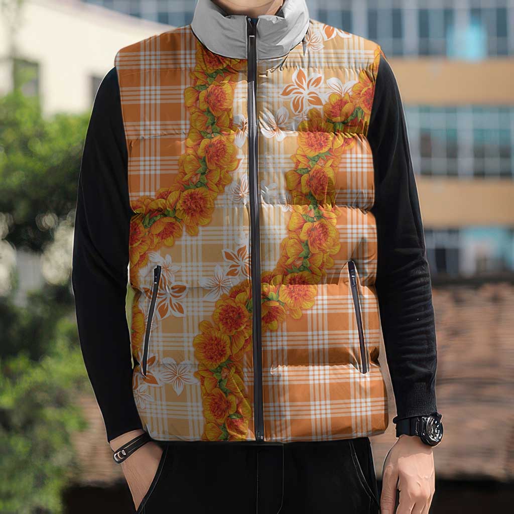 Orange Hawaii Palaka Sleeveless Puffer Jacket Hawaiian Ilima Lei LT05 - Polynesian Pride
