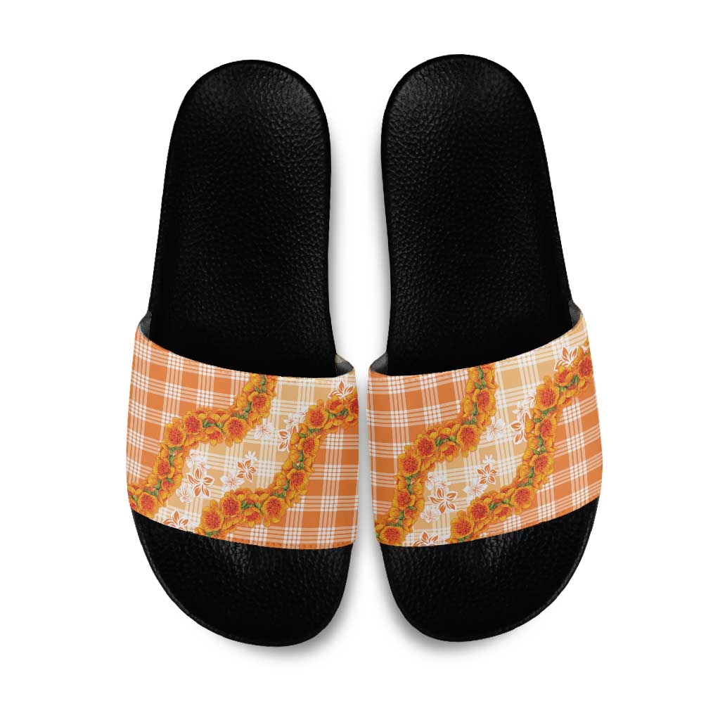 Orange Hawaii Palaka Slide Sandals Hawaiian Ilima Lei LT05 Orange - Polynesian Pride
