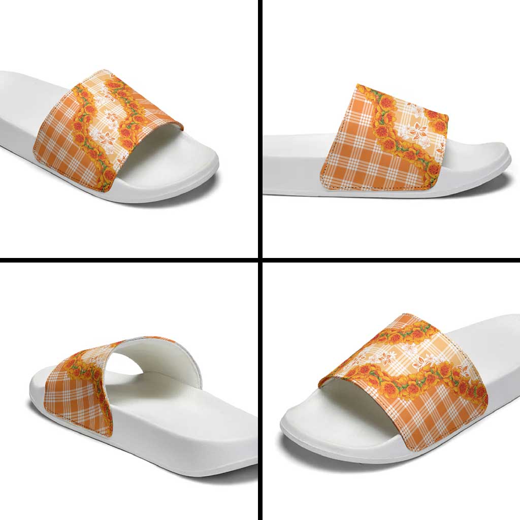 Orange Hawaii Palaka Slide Sandals Hawaiian Ilima Lei LT05 - Polynesian Pride