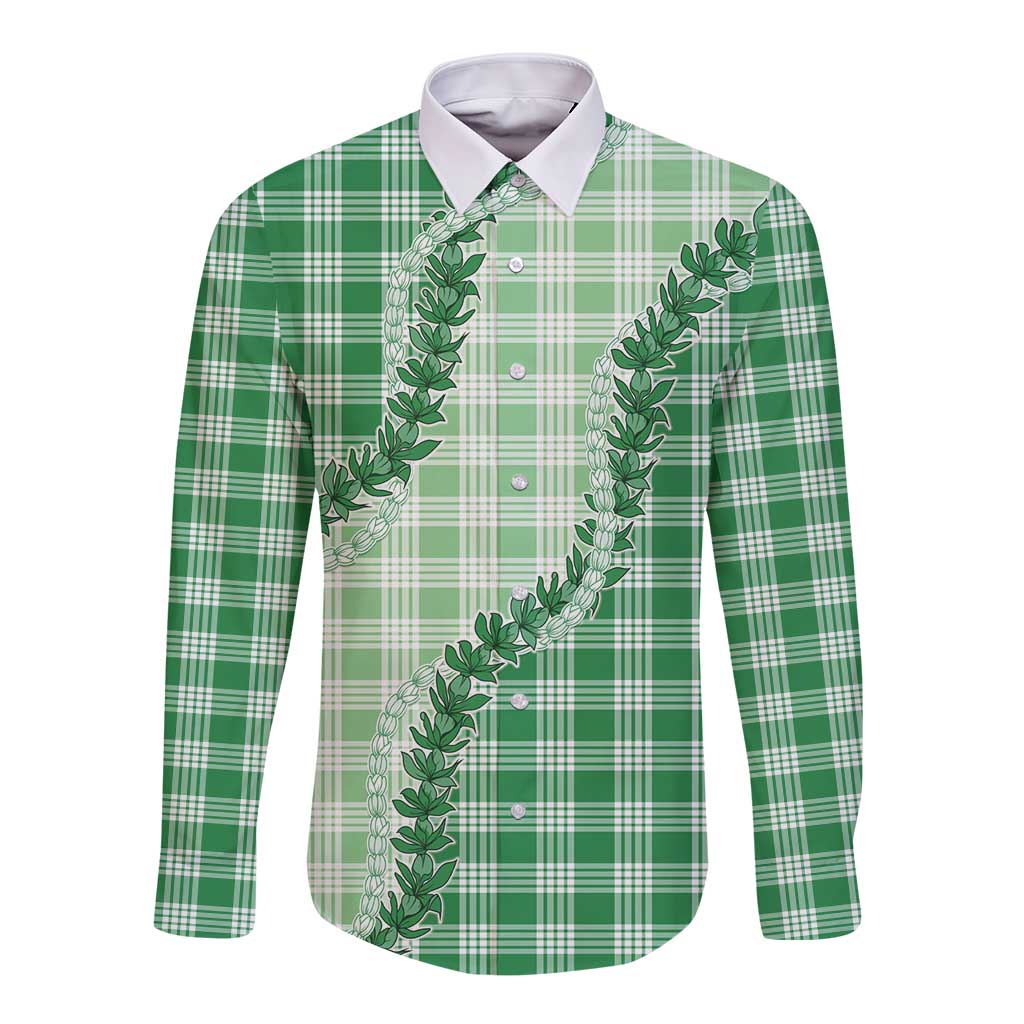 Green Hawaii Palaka Long Sleeve Button Shirt Hawaiian Pikake Lei LT05 Unisex Green - Polynesian Pride