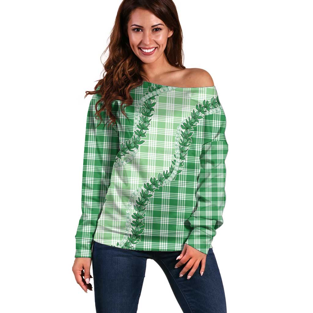 Green Hawaii Palaka Off Shoulder Sweater Hawaiian Pikake Lei LT05 Women Green - Polynesian Pride