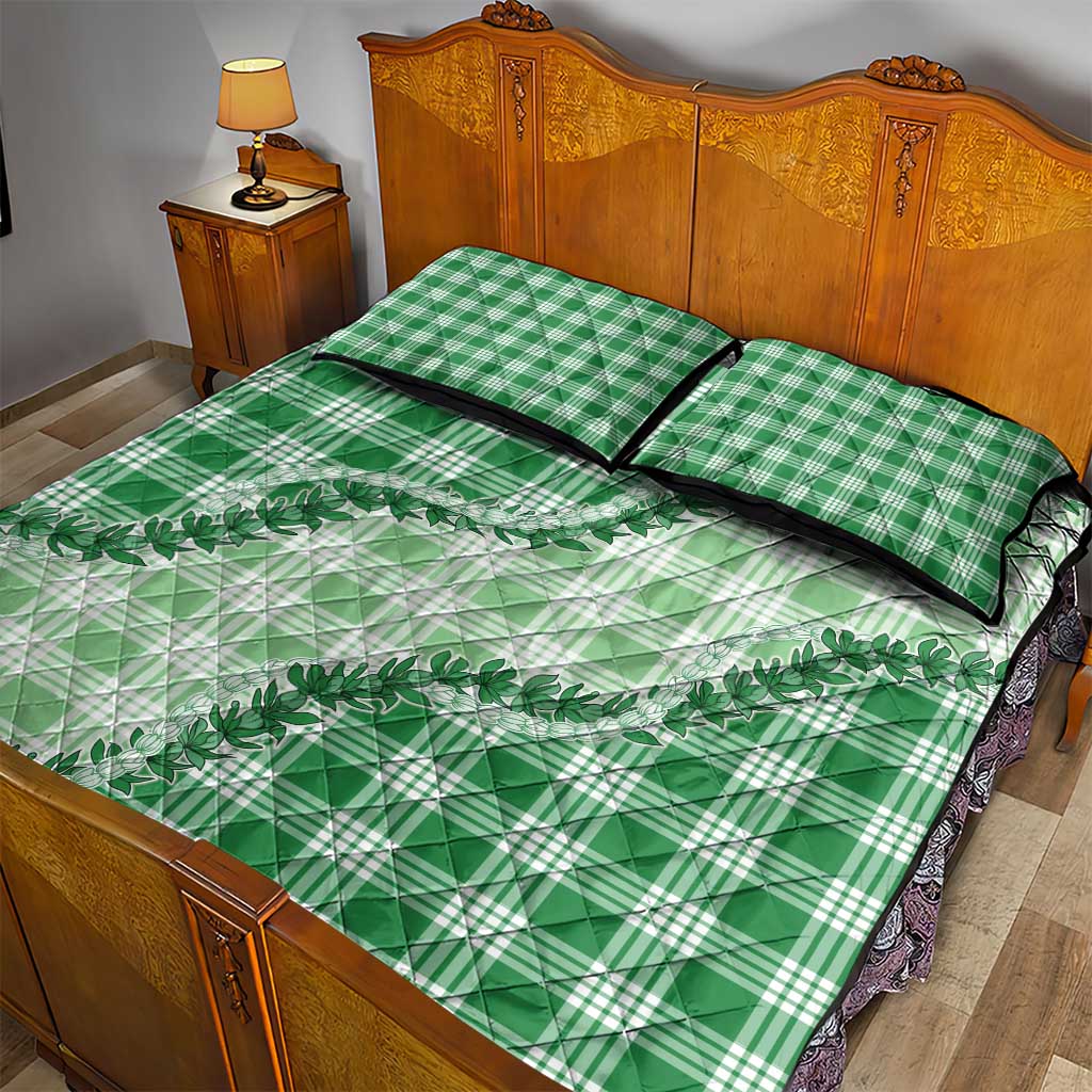 Green Hawaii Palaka Quilt Bed Set Hawaiian Pikake Lei LT05 - Polynesian Pride