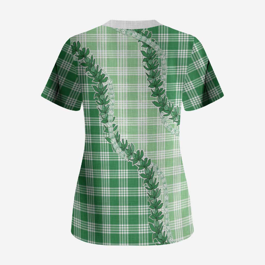 Green Hawaii Palaka Scrub Top Hawaiian Pikake Lei LT05 - Polynesian Pride