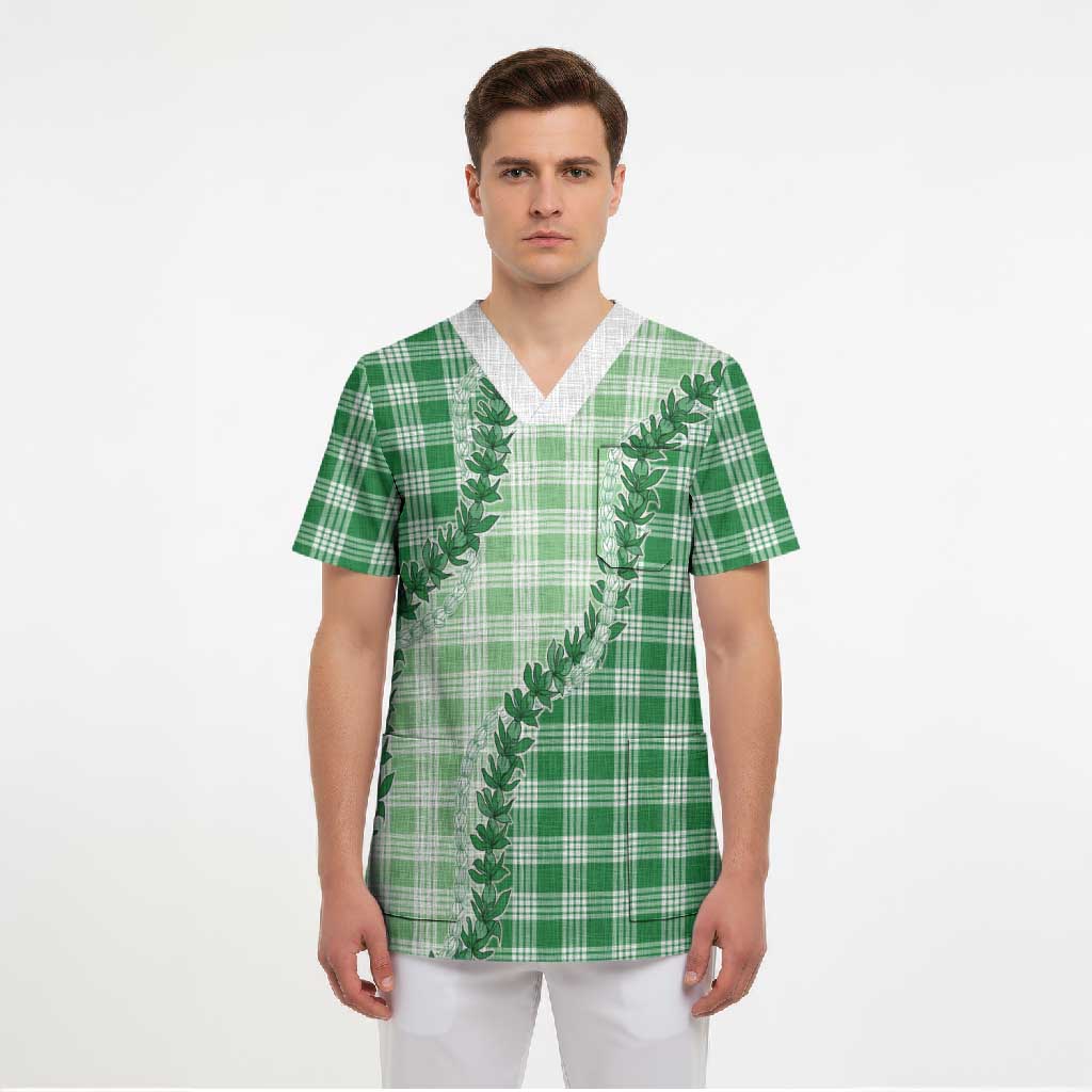 Green Hawaii Palaka Scrub Top Hawaiian Pikake Lei LT05 - Polynesian Pride