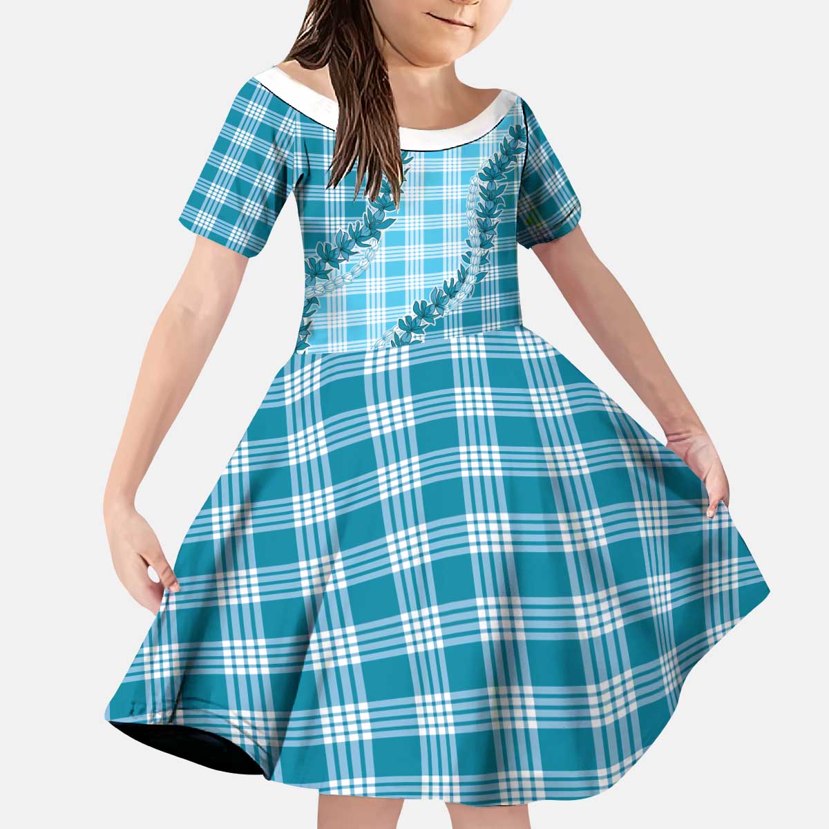 Blue Hawaii Palaka Kid Short Sleeve Dress Hawaiian Pikake Lei LT05 KID Blue - Polynesian Pride