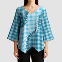Blue Hawaii Palaka Kimono Sleeve Blouse Hawaiian Pikake Lei LT05 - Polynesian Pride