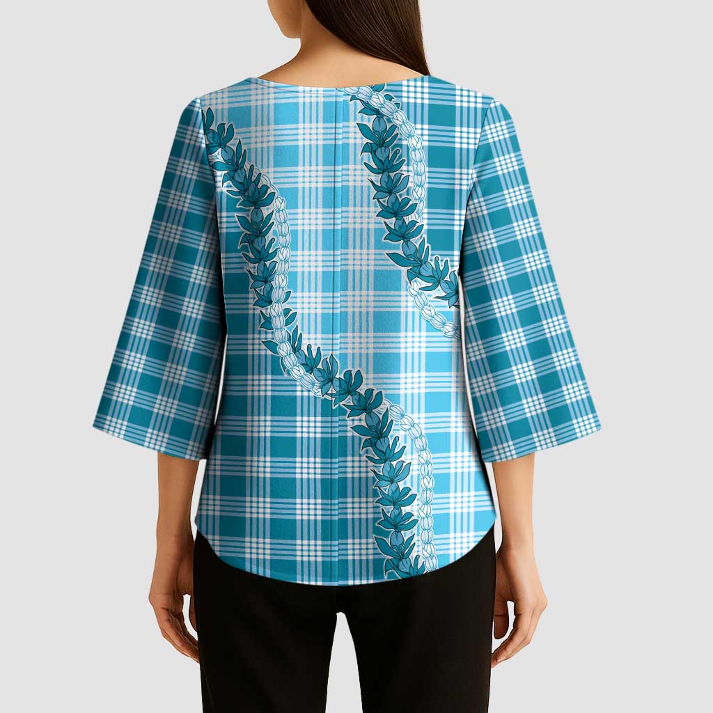 Blue Hawaii Palaka Kimono Sleeve Blouse Hawaiian Pikake Lei LT05 - Polynesian Pride