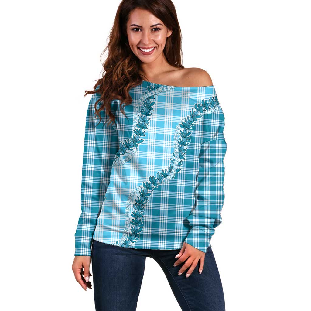 Blue Hawaii Palaka Off Shoulder Sweater Hawaiian Pikake Lei LT05 Women Blue - Polynesian Pride