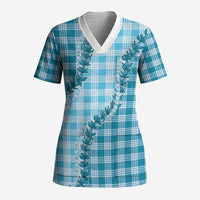 Blue Hawaii Palaka Scrub Top Hawaiian Pikake Lei LT05 Adult Blue - Polynesian Pride