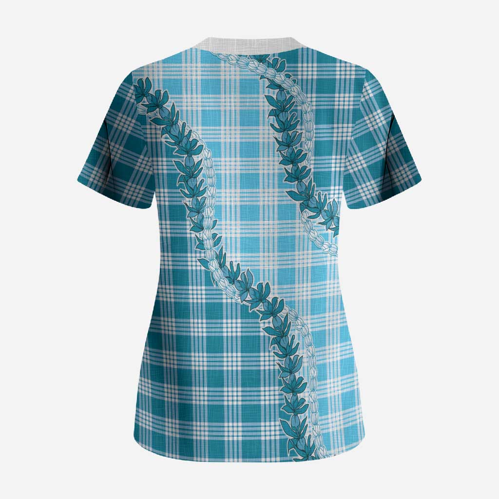 Blue Hawaii Palaka Scrub Top Hawaiian Pikake Lei LT05 - Polynesian Pride