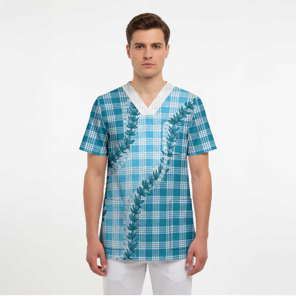 Blue Hawaii Palaka Scrub Top Hawaiian Pikake Lei LT05 - Polynesian Pride