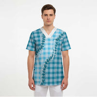 Blue Hawaii Palaka Scrub Top Hawaiian Pikake Lei LT05 - Polynesian Pride